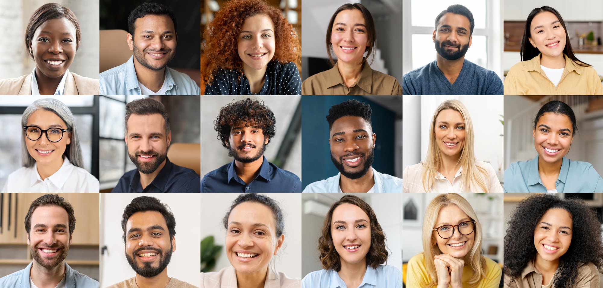 Grid of diverse faces with each person smiling Grid of diverse faces with each person smiling