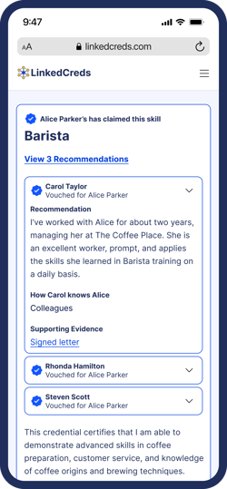 An image of a mobile webpage showing recommendations attached to a verifiable credential in the LinkedCreds app