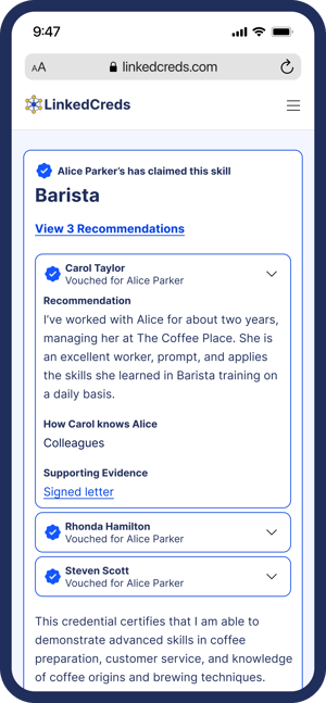 An image of a mobile webpage showing recommendations attached to a verifiable credential in the LinkedCreds app