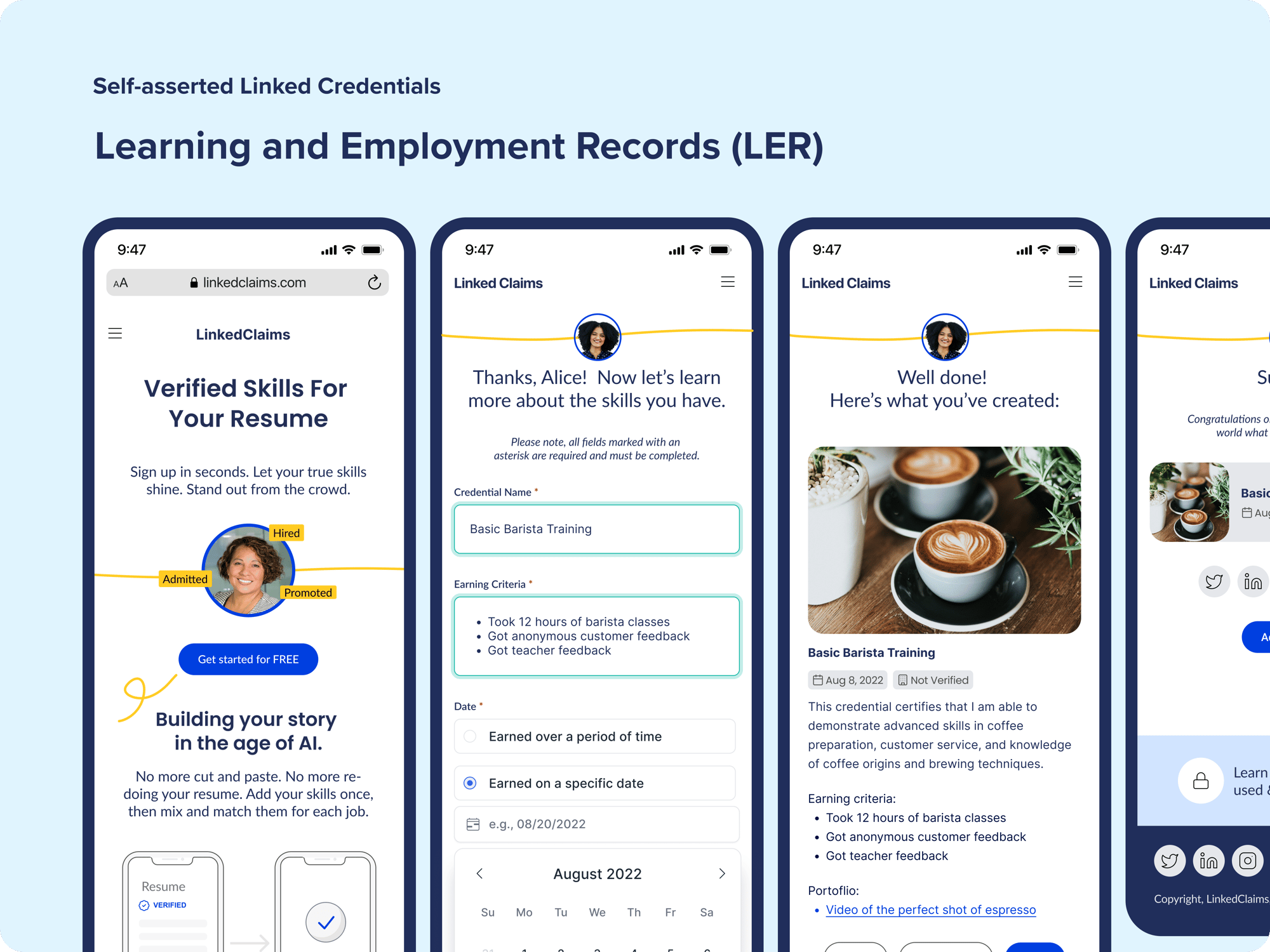 Screenshots of LinkedCreds, an app for self-claiming skills