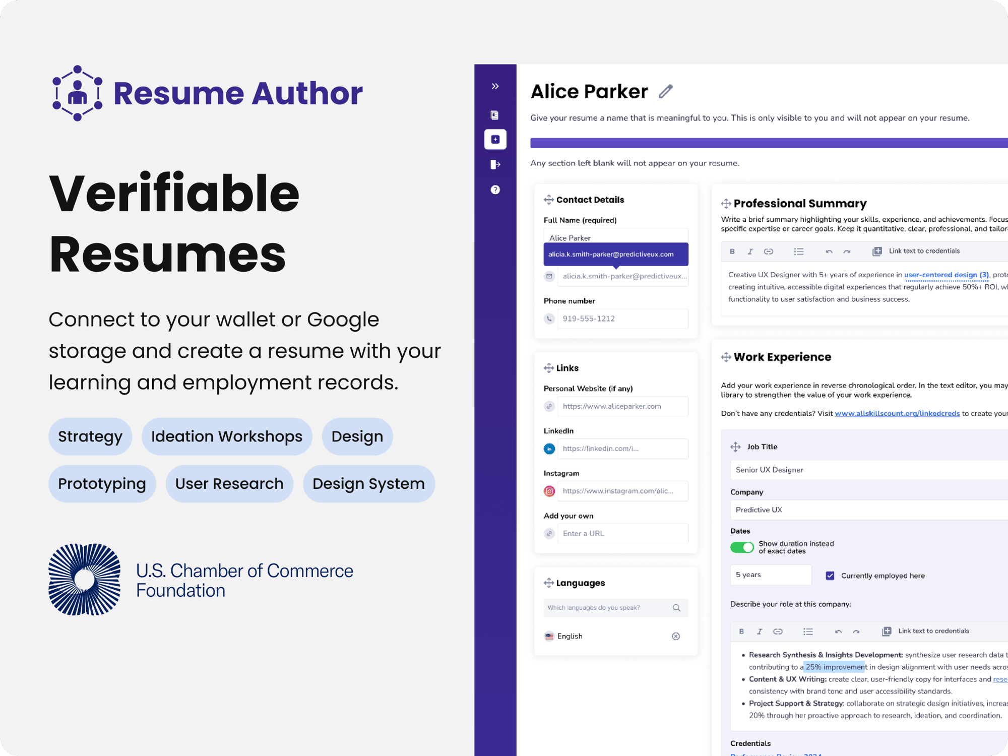 Screenshot of Resume Author application with description, skill tags, and a logo. Description: Connect to your wallet or Google storage and create a resume with your learning and employment records. Skill tags: Strategy, Ideation Workshops, Design, Prototyping, User Research, Design System.
