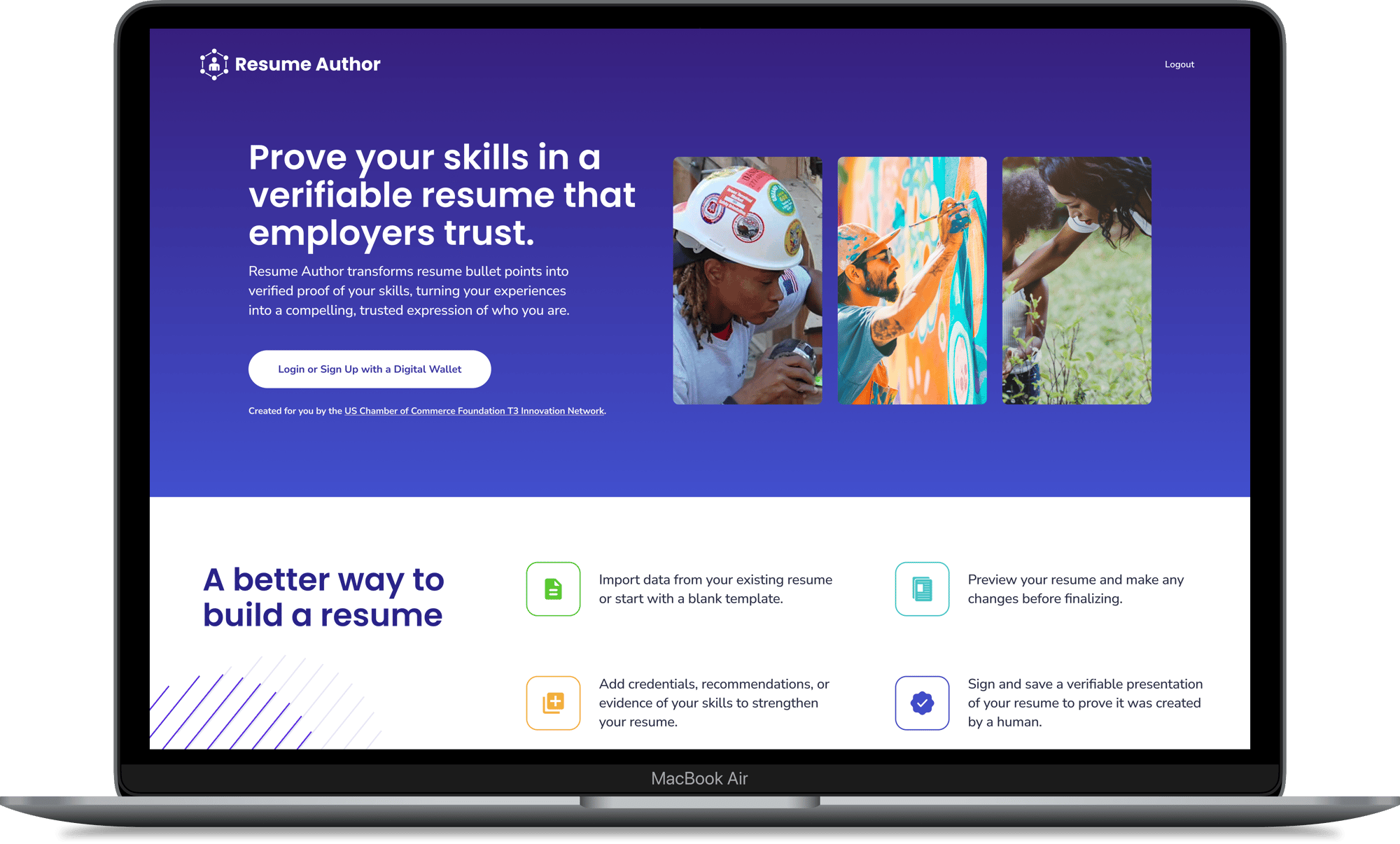 Shows the homepage of a resume building website in a Macbook Air laptop.