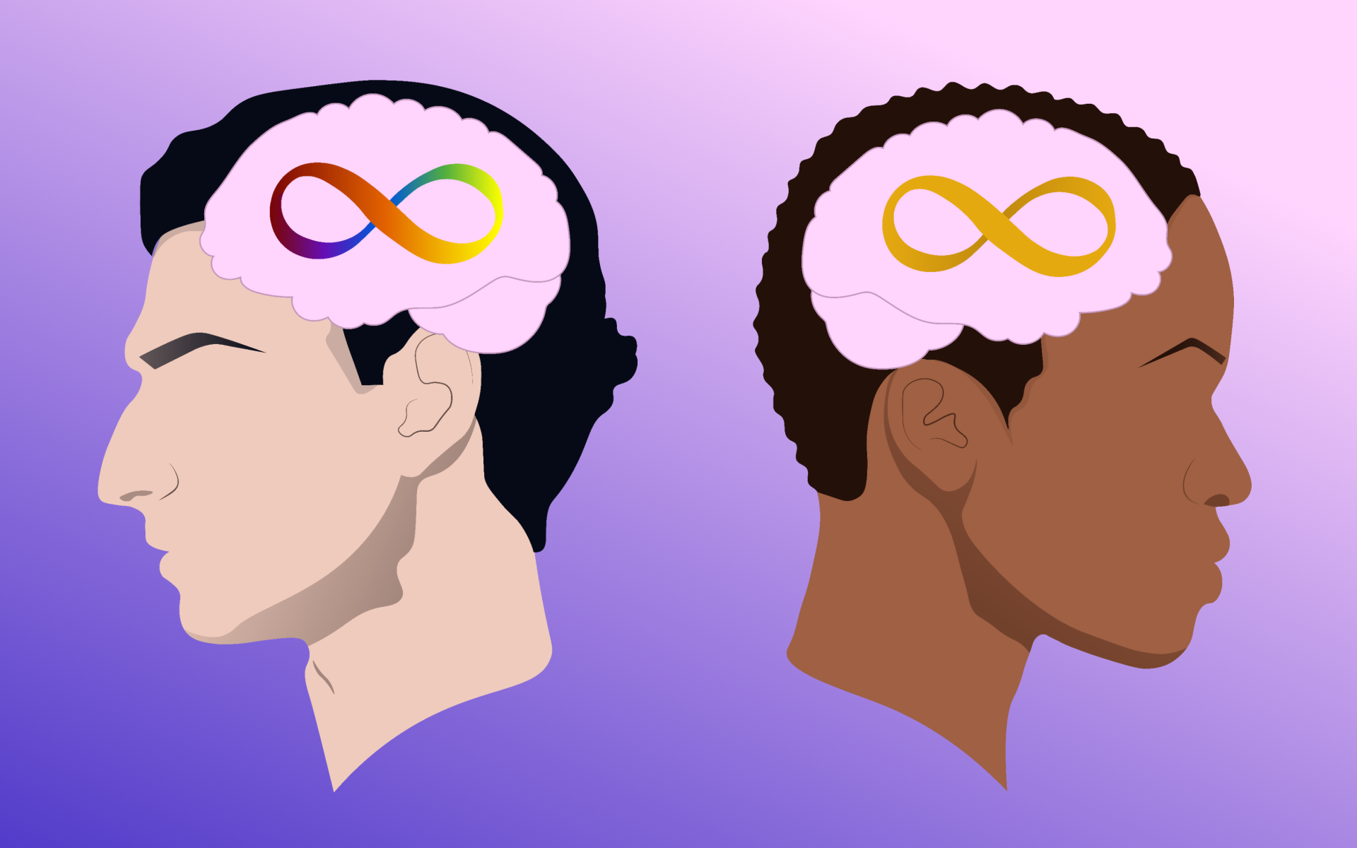 Illustration of two heads with infinity symbols to represent autism Illustration of two heads with infinity symbols to represent autism