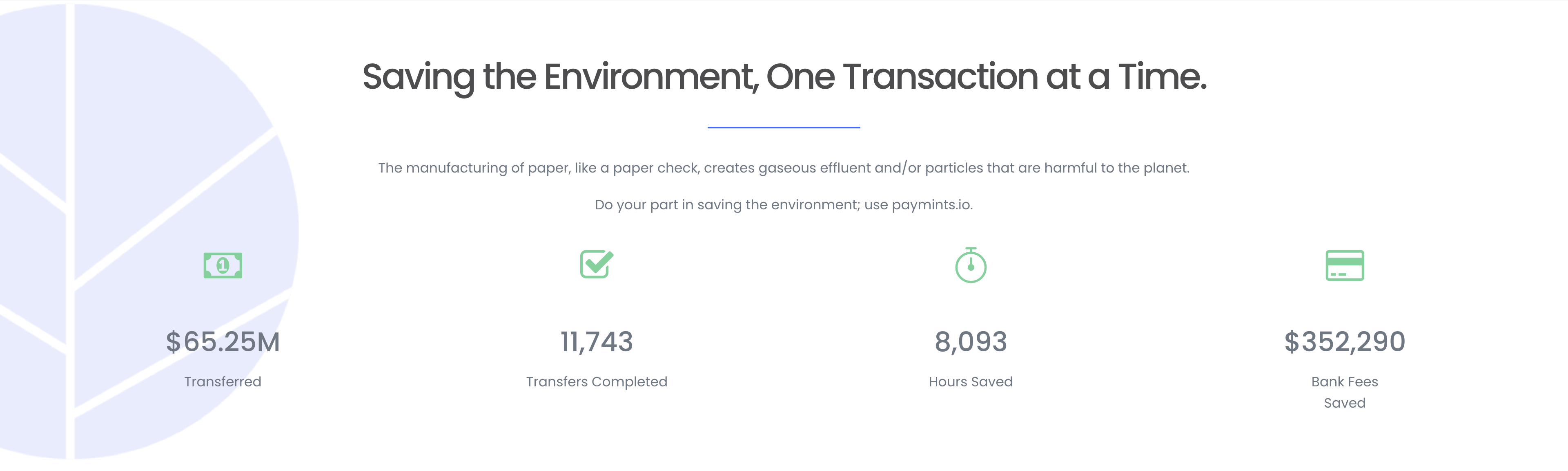 Paymints.io Statistics ($65.25M transferred, 11,743 transfers completed, 8,093 hours saved, $352,209 bank fees saved)